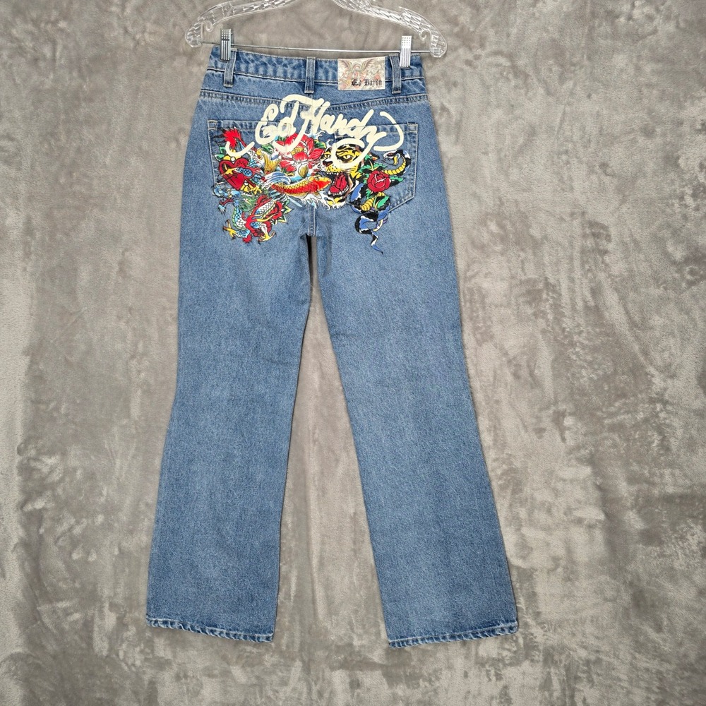 Y2K Ed Hardy Jeans Women 24 Blue Tattoo Graphic Tiger Dragon Streetwear Grunge